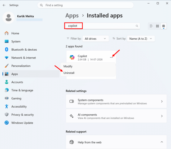 Uninstall the Standalone Microsoft Copilot App step 2 and 3