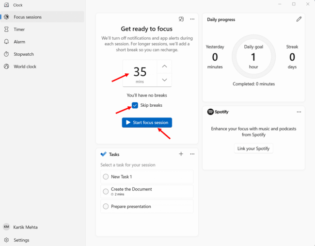 Use Clock App for full configuration of Focus Session step 3