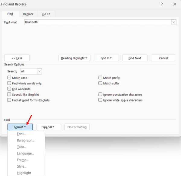 Using Advanced Search Features in Find and Replace step 1