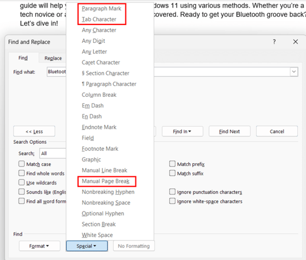 Using Advanced Search Features in Find and Replace step 4