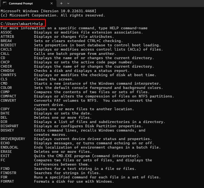 Using Command Prompt Help in Windows 11 step 2