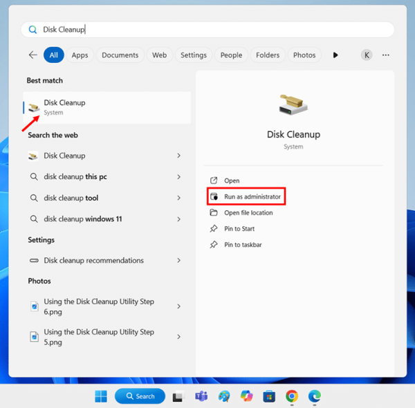 Using Disk Cleanup for Comprehensive Cache Removal in Windows 11 step 1 and 2