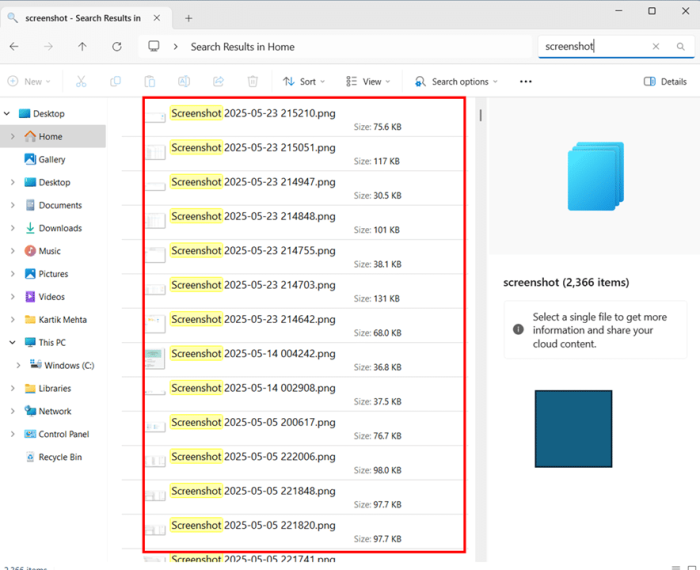 Using Windows Search for Screenshots step 4 and 5