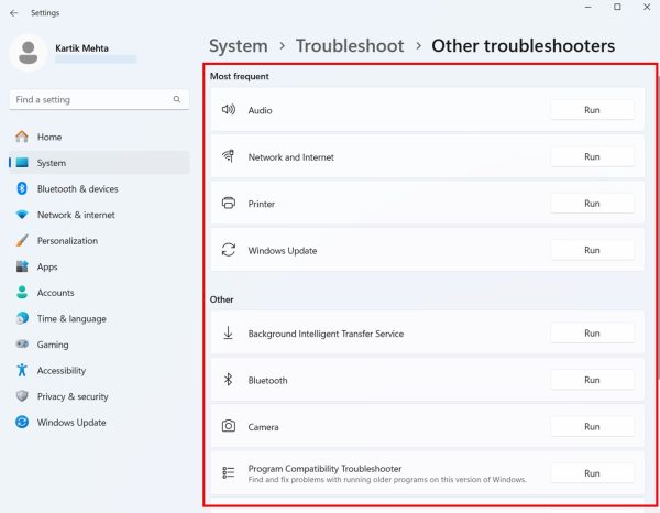 Using Windows Troubleshooters in Windows 11 step 4