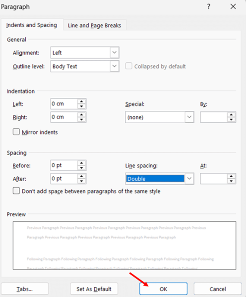 Using the Paragraph Dialog Box Set Double Spacing in New Word Document step 5 Using the Paragraph Dialog Box Set Double Spacing in New Word Document step 5