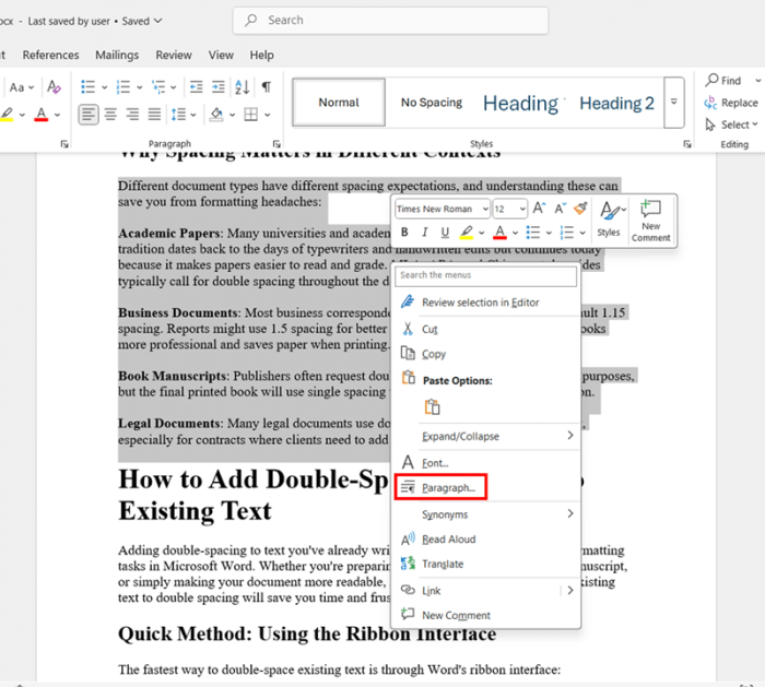Using the Paragraph Dialog Box to add Double-Spacing in Word to Existing Text step 1 and 2