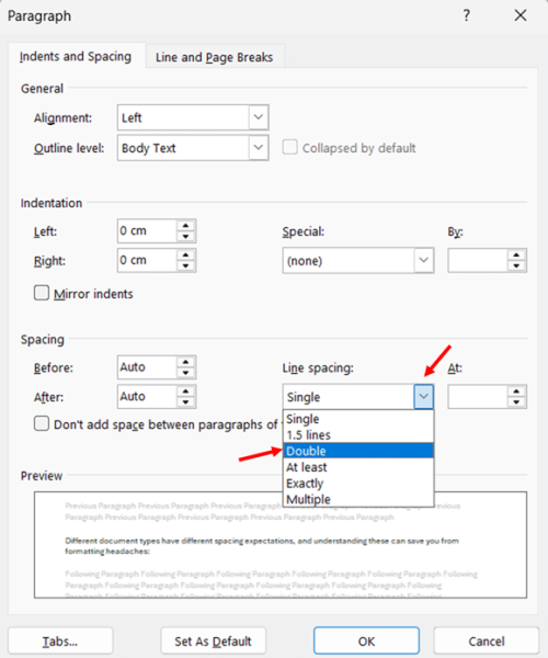 Using the Paragraph Dialog Box to add Double-Spacing in Word to Existing Text step 3