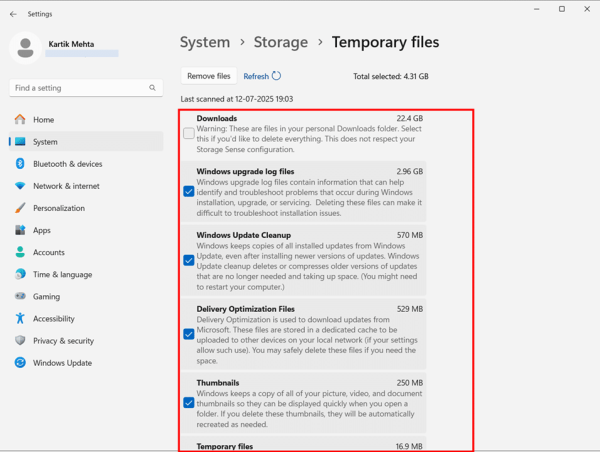 Using the Windows Settings for Cache Cleanup in Windows 11 step 5 and 6