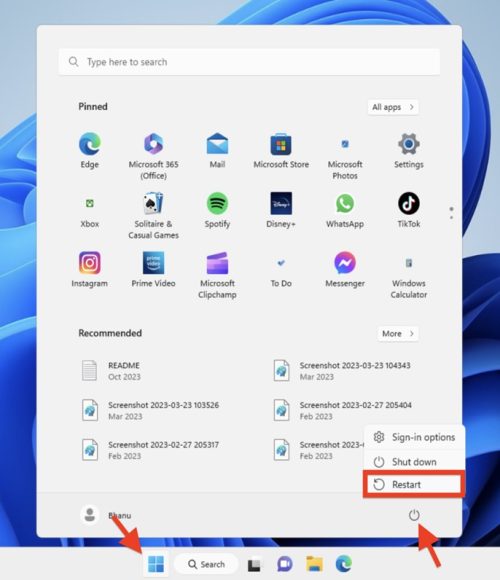 Windows 11 Restart - Start Menu