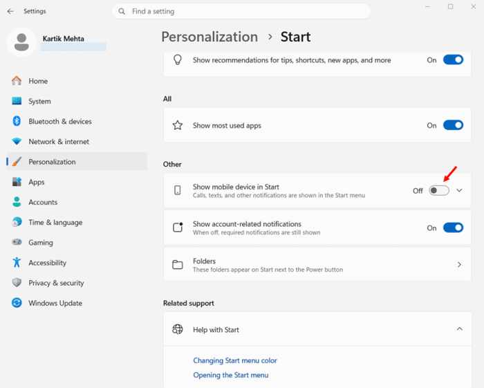 hide the Phone Link in Start Menu